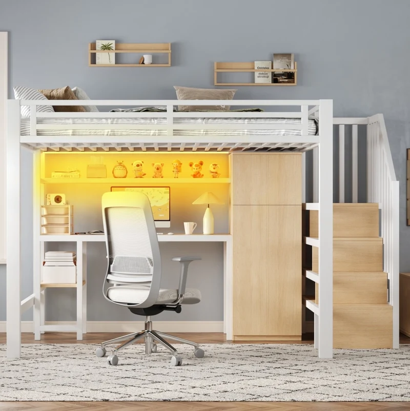 Letto a castello in metallo 140x200 cm con scrivania; armadio; mensola e LED; bianco