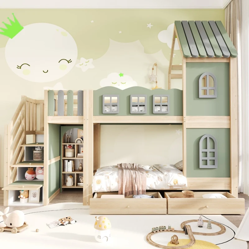 Letto a castello per bambini 90x200 cm a casetta con scala contenitore; verde; grigio e legno naturale