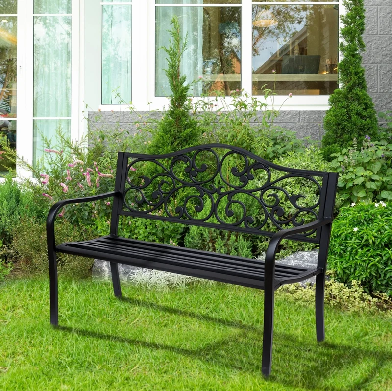 Panchina da giardino a 3 posti con schienale alto; in metallo e ghisa; nero