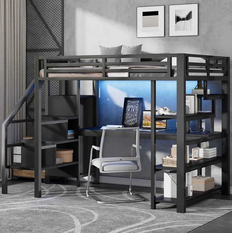 Letto a soppalco 140x200 cm con scrivania; armadio aperto; scala contenitore e LED; nero