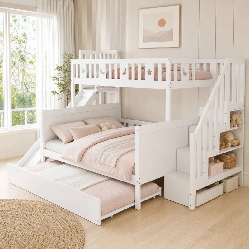 Letto a castello per bambini 90x200/140x200 cm in legno con scivolo; scala e contenitore; bianco