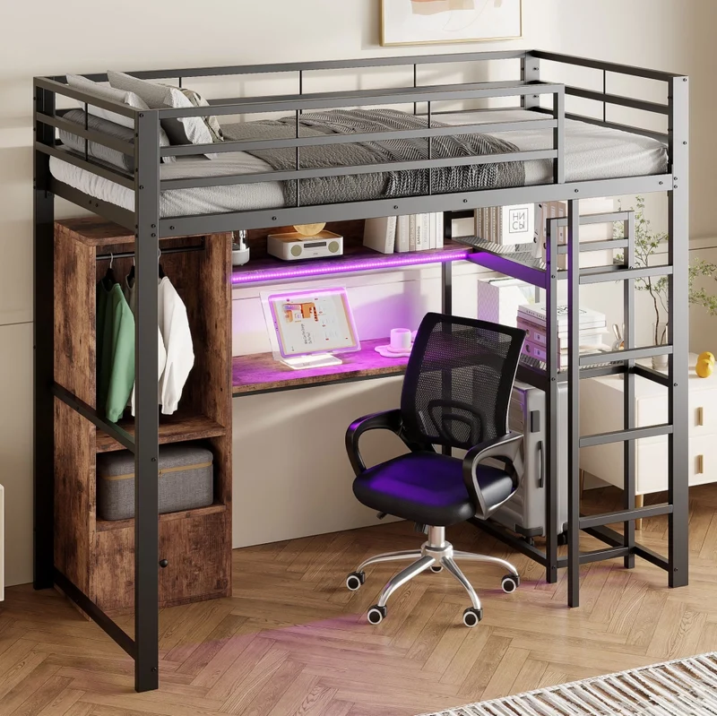 Letto a soppalco 90x200 cm in metallo e MDF; nero; con LED; scrivania; cassetto e ripiani