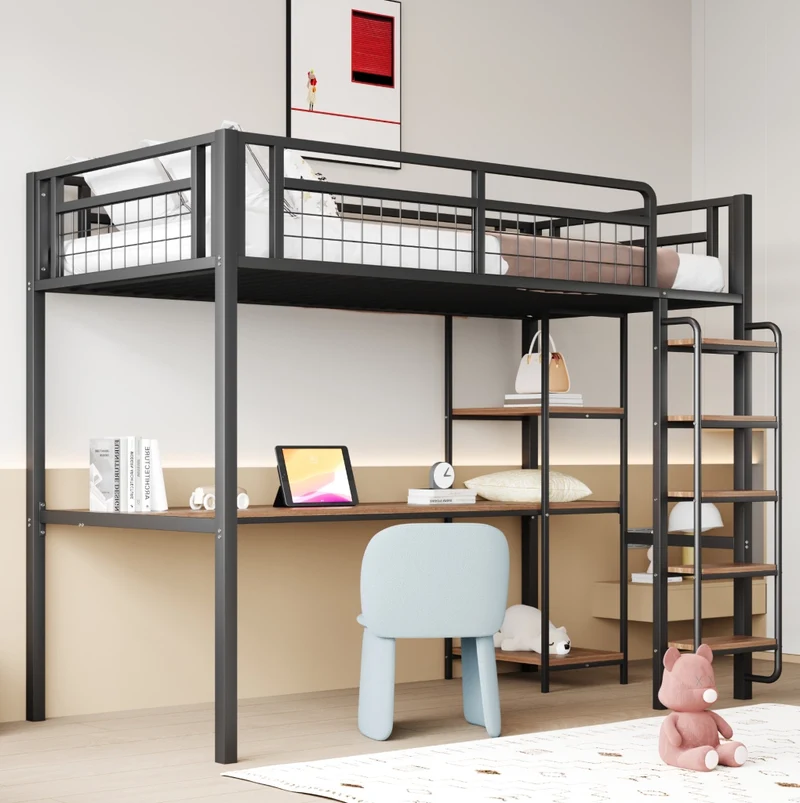 Letto a soppalco in metallo 90x200 cm nero con scrivania; ripiani e scala con gradini