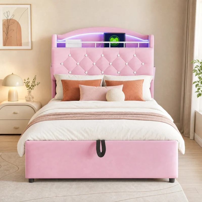 Letto imbottito per bambini 90x200 cm con contenitore; LED; USB e portaoggetti; rosa