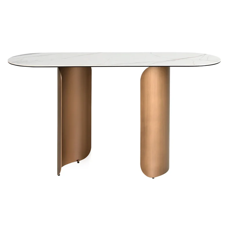 Consolle ovale a semicerchio in marmo porcellanato e acciaio color bronzo