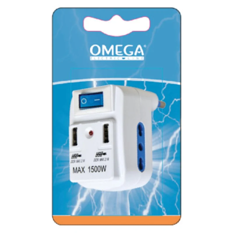 ADATTATORE 2BPRESE 10/16A 2P+T 2USB SPINA 16A CON INTER LUMINOSO E LED