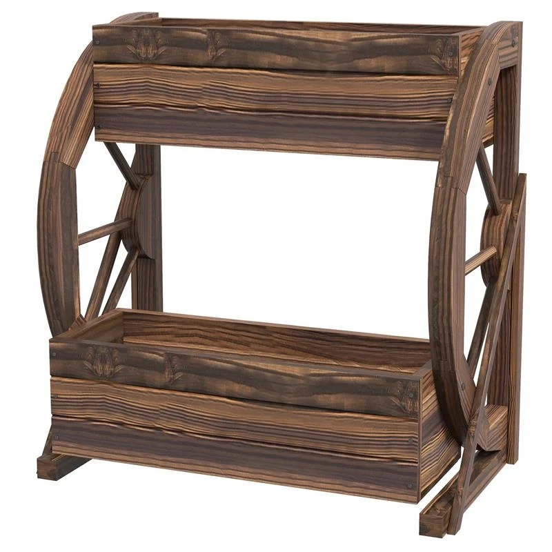 FIORIERA IN LEGNO DA ESTERNO A 2 LIVELLI CON 3 VASI E RUOTE DI CARRO STILE COUNTRY, 55X32X56CM