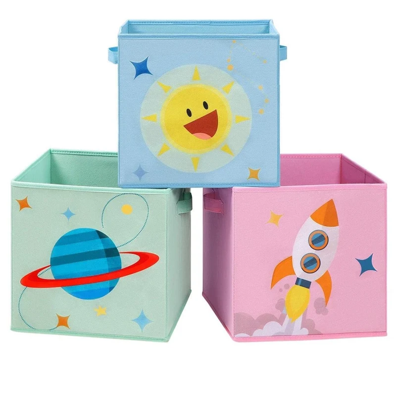 Scatole portaoggetti set da 3 organizzatori per giocattoli cubi pieghevoli con maniglie per cameretta stanza dei giochi 30 x 30 x 30 cm tema spaziale blu verde e rosa 12_0002274