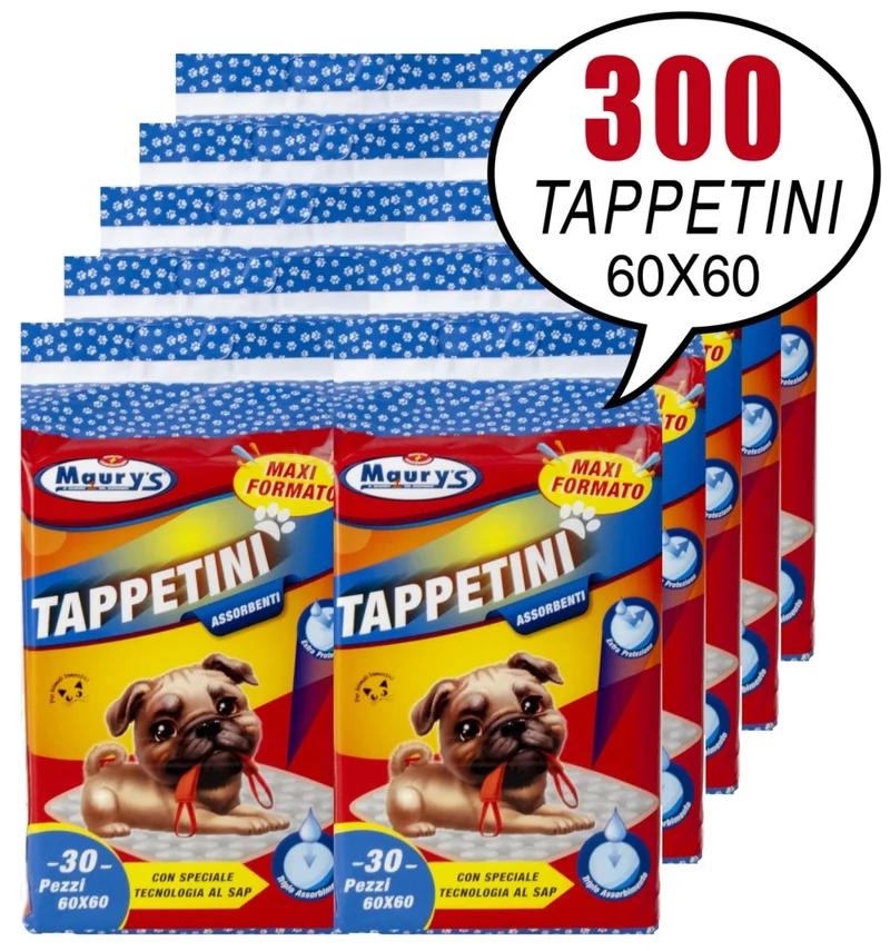 300 MAURY'S TAPPETINI ASSORBENTI PER ANIMALI 60 X 60 CM 10 X 30 PZ USA E GETTA