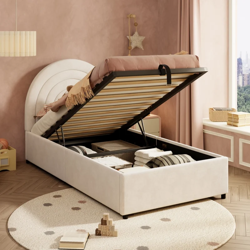 Letto imbottito per bambini con contenitore idraulico, 90x200 cm, velluto beige