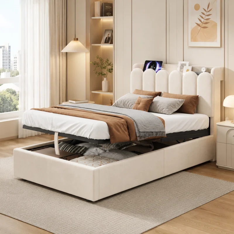 Letto singolo imbottito in velluto beige 90×200 cm con contenitore idraulico, luce notturna e ricarica USB e Type-C sulla testiera, doghe incluse