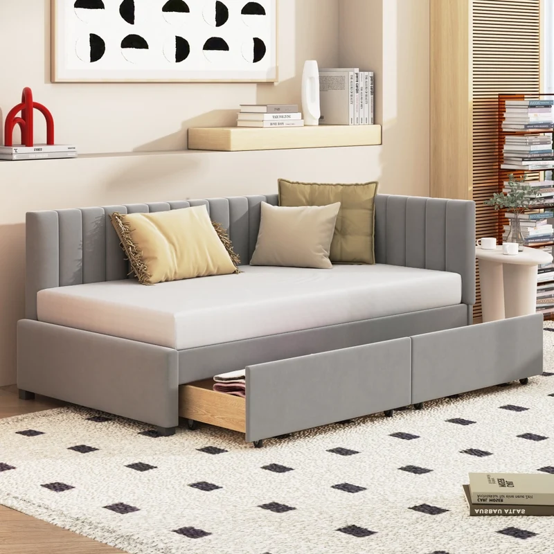 Letto imbottito divano letto 90 x 200 cm, letto multifunzionale con 2 grandi cassetti contenitore e rete a doghe, velluto delicato, Grigio