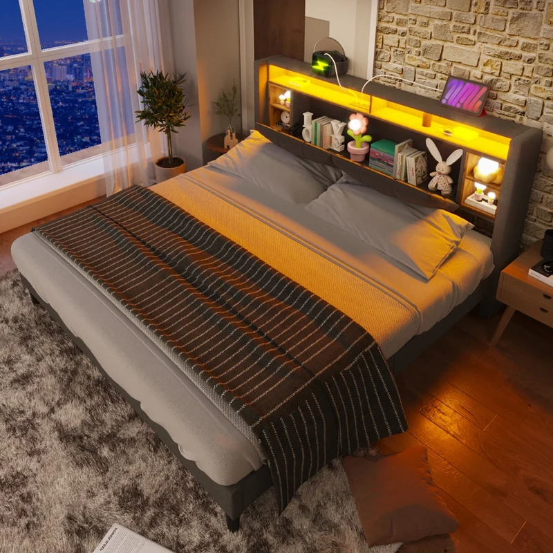 Letto imbottito matrimoniale con testiera contenitore, ricarica USB e LED, rete a doghe in legno, 160x200 cm, grigio (senza materasso)