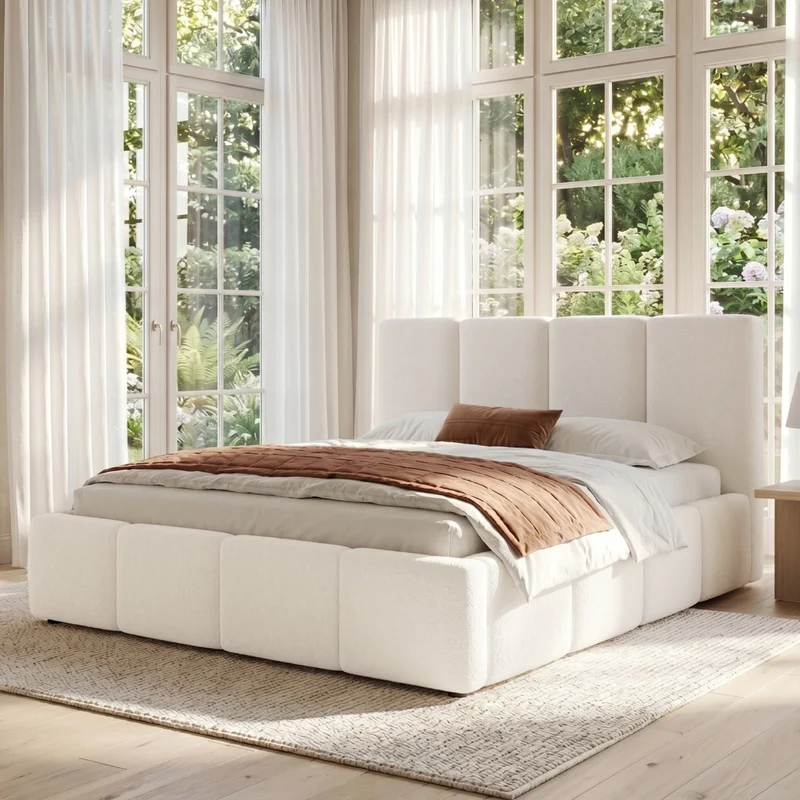 Letto imbottito con doghe e testiera, 160x200 cm, bouclé beige