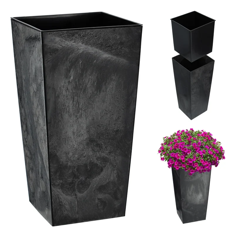 Vaso da giardino KADAX con inserto per fiori, grande e alto, nero, 24x47 cm