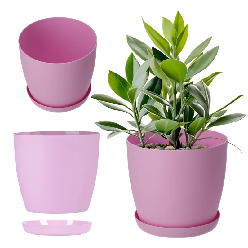Vaso da fiori KADAX con sottovaso, vaso in plastica da 25 cm, coperchio, fiori, rosa opaco