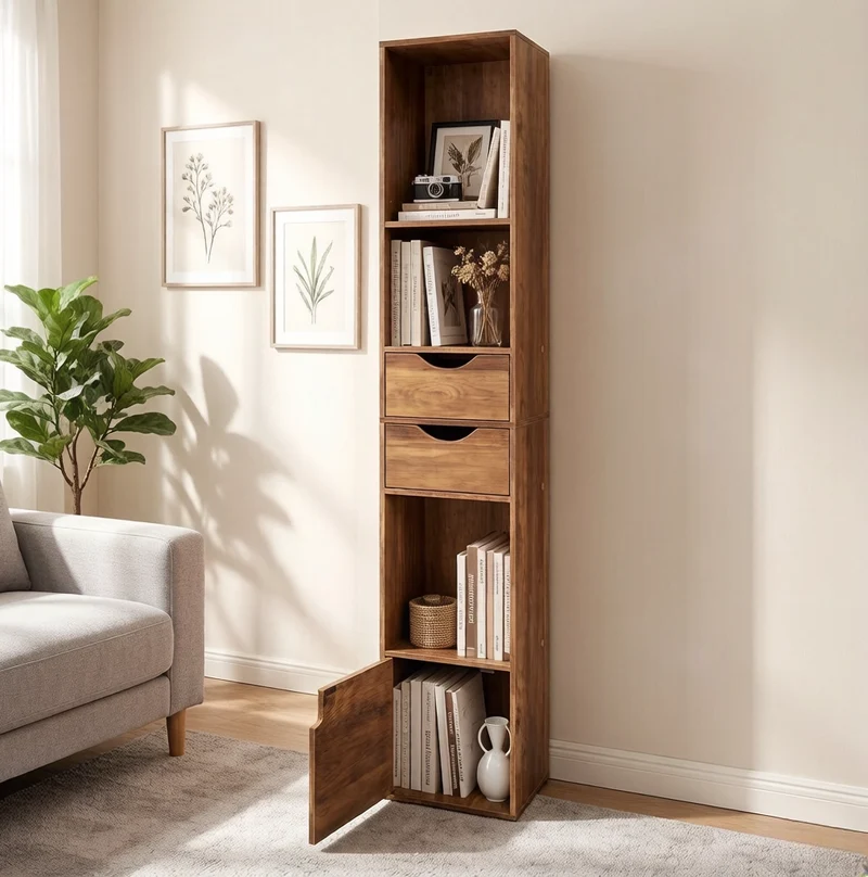 Libreria stretta marrone con 3 vani, 2 cassetti e anta