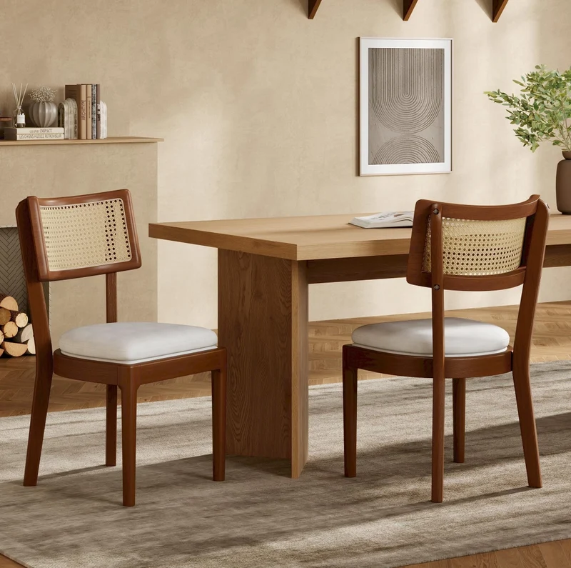 Set di 2 sedie da pranzo in legno massello noce e rattan