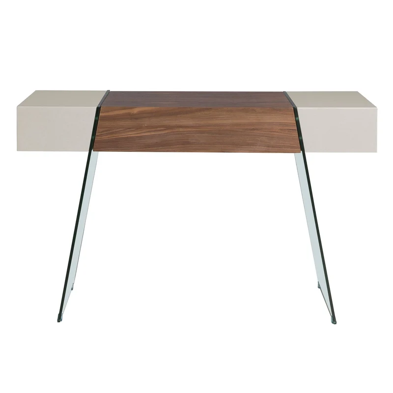 Consolle rettangolare in legno grigio, noce e vetro temperato