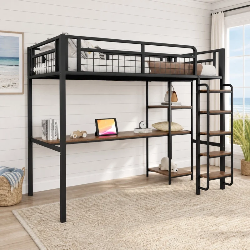 Letto a soppalco in metallo nero 90x200 cm con scrivania e scaffali