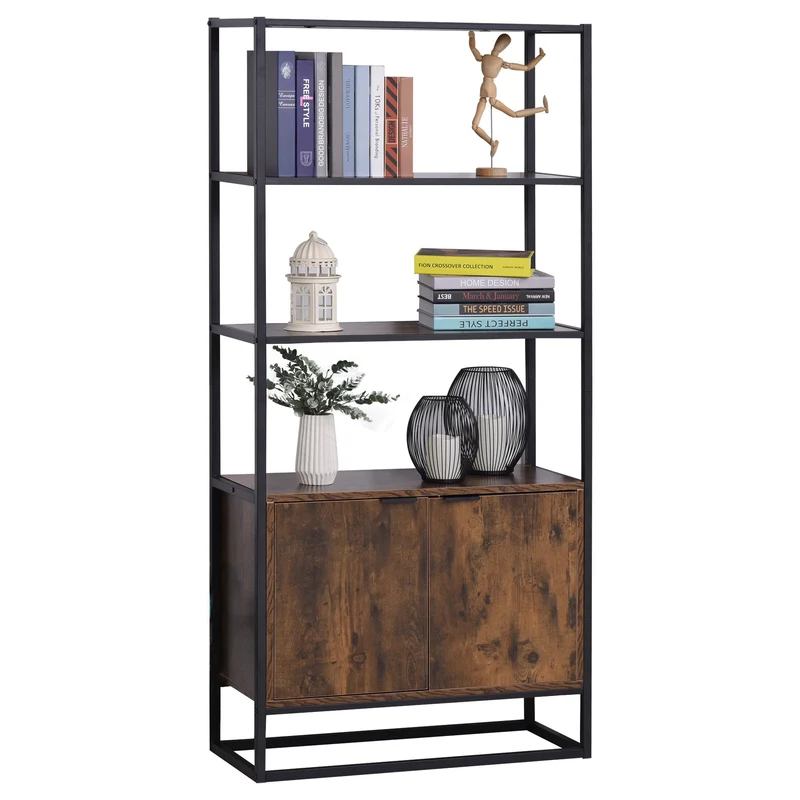 Easycomfort Scaffale Libreria in Stile Vintage con 3 Ripiani, 1 Armadietto in Legno e Telaio in Metallo Nero 76x33x162.5cm