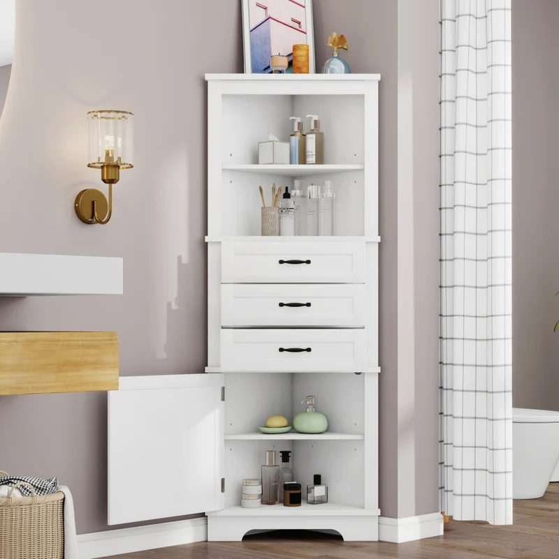 Mobile angolare da bagno in MDF bianco, 3 cassetti e ripiani regolabili