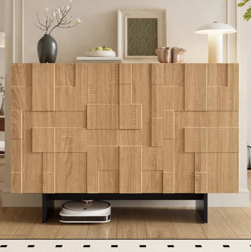 Credenza moderna 3 ante con ripiani regolabili, effetto legno e nero, 105 cm