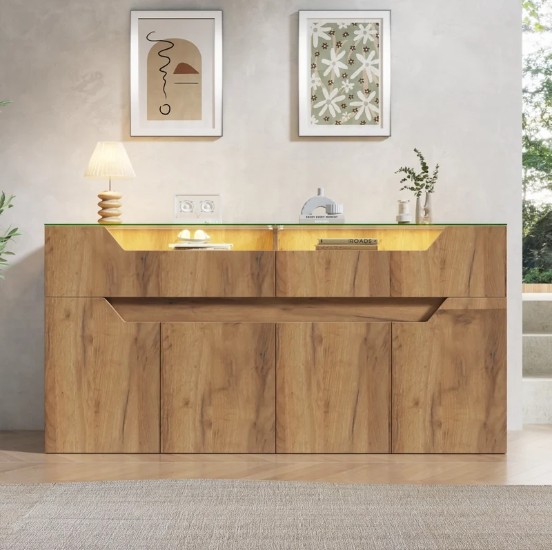Credenza 140x40x70 cm in MDF effetto legno con vetro temperato, 2 cassetti e LED