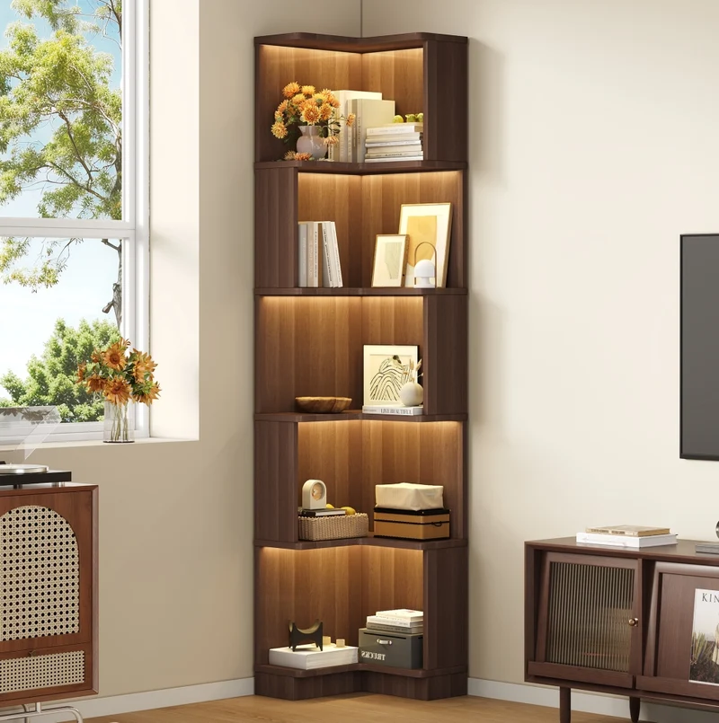 Libreria angolare a L in MDF marrone con LED controllati via app, 5 ripiani, 63,5x45x175 cm