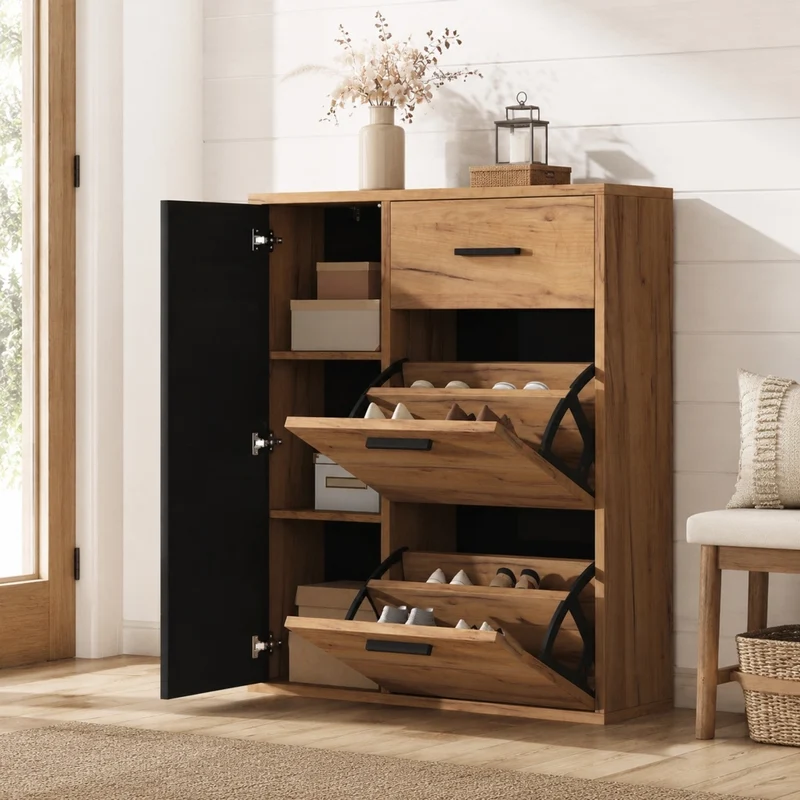 Scarpiera 80x24x95,5 cm con cassetto, 3 ante e ripiani regolabili nero/naturale