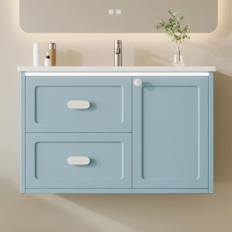 Mobile bagno sospeso blu 76x46x51 cm con lavabo in ceramica e LED con sensore