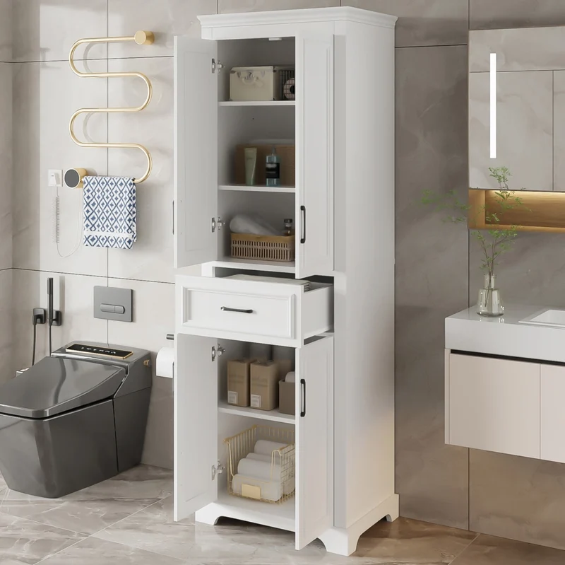 Colonna bagno in MDF bianca 60x40x180 cm con 2 ante, cassetto e ripiani regolabili