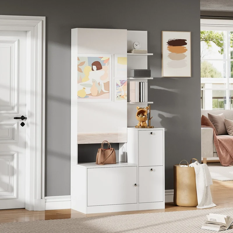 Mobile da ingresso bianco 85x40x180 cm con specchio, scarpiera e ripiani