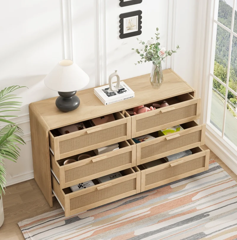 Mobile contenitore in rattan naturale 130 cm con 6 cassetti e angoli arrotondati