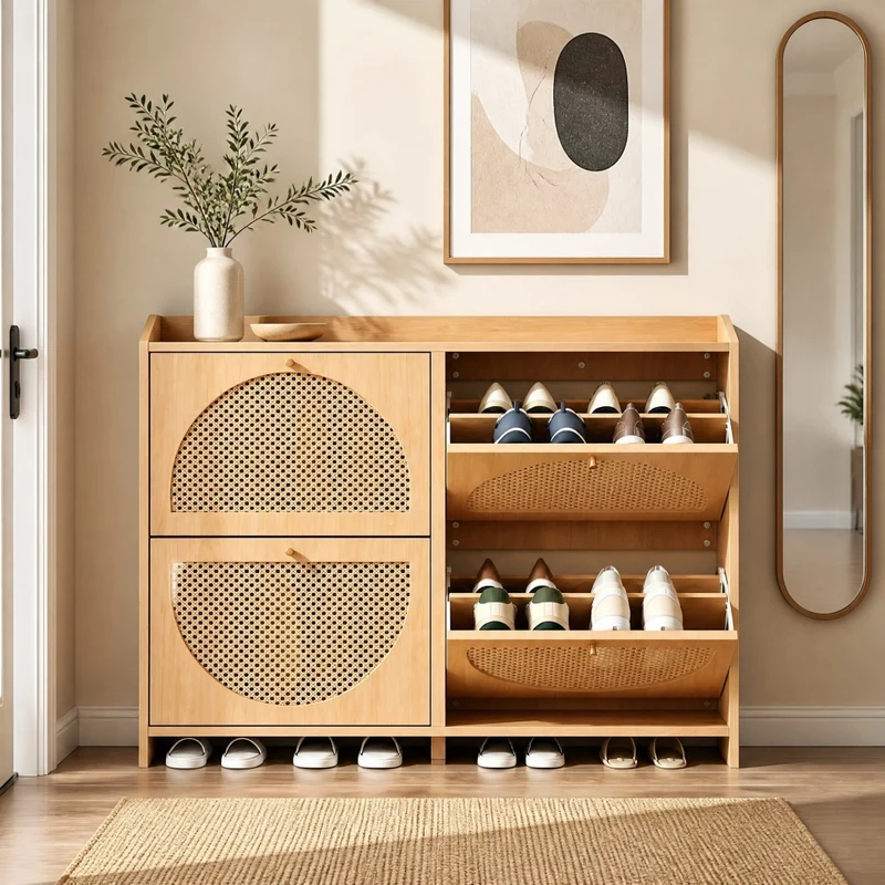 Scarpiera salvaspazio 120x24x90 cm in MDF, 4 ante a ribalta e 8 vani, naturale