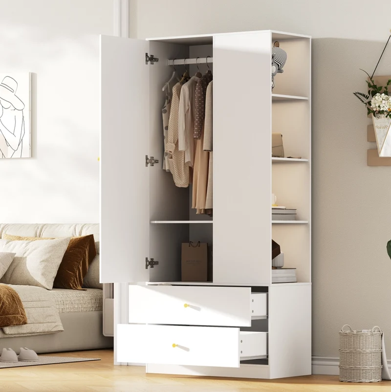 Armadio guardaroba bianco con specchio, 2 cassetti e 4 ripiani, 80x40x180 cm