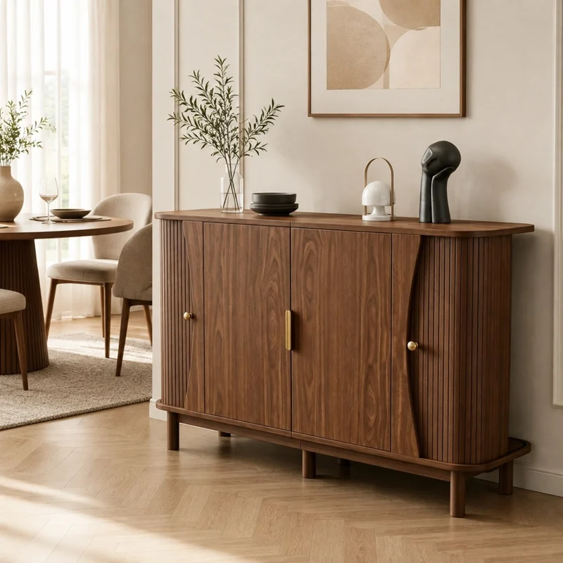 Credenza in MDF color noce 140×40×88 cm con ante a serrandina