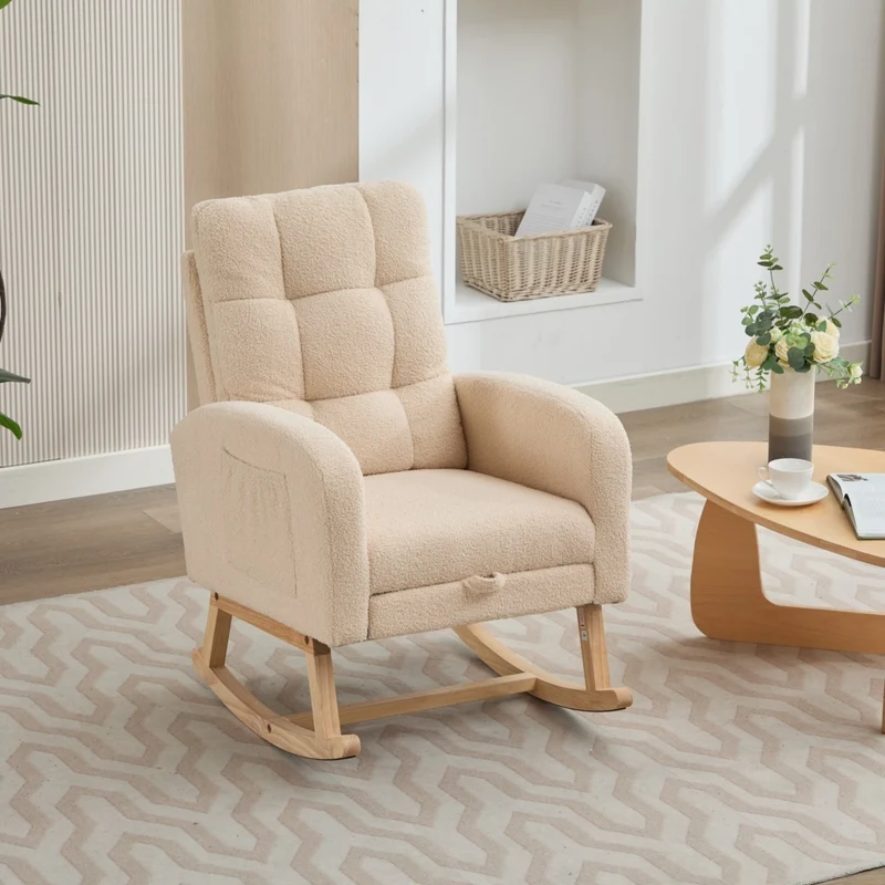 Poltrona a dondolo ergonomica beige in bouclé con tasca laterale
