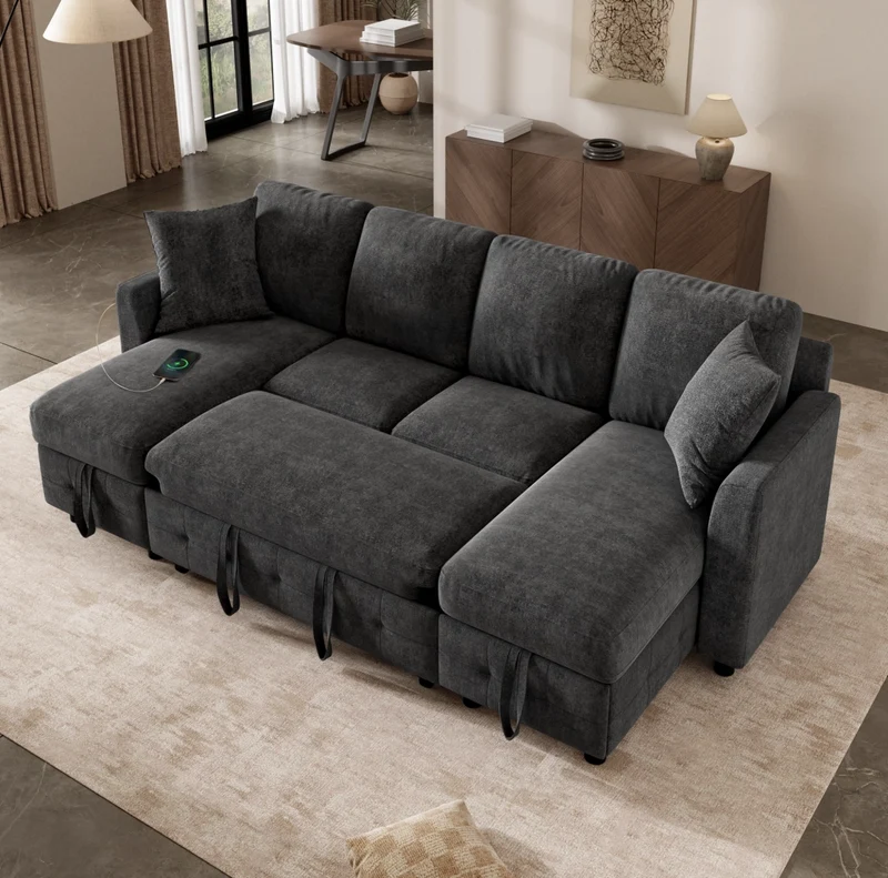 Divano letto estraibile a U in ciniglia con 2 vani contenitore e porte USB/Type-C, grigio scuro