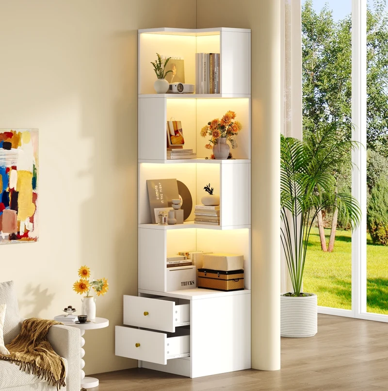 Scaffale angolare a L in MDF bianco con LED controllabile via app, 45x43,5x180 cm