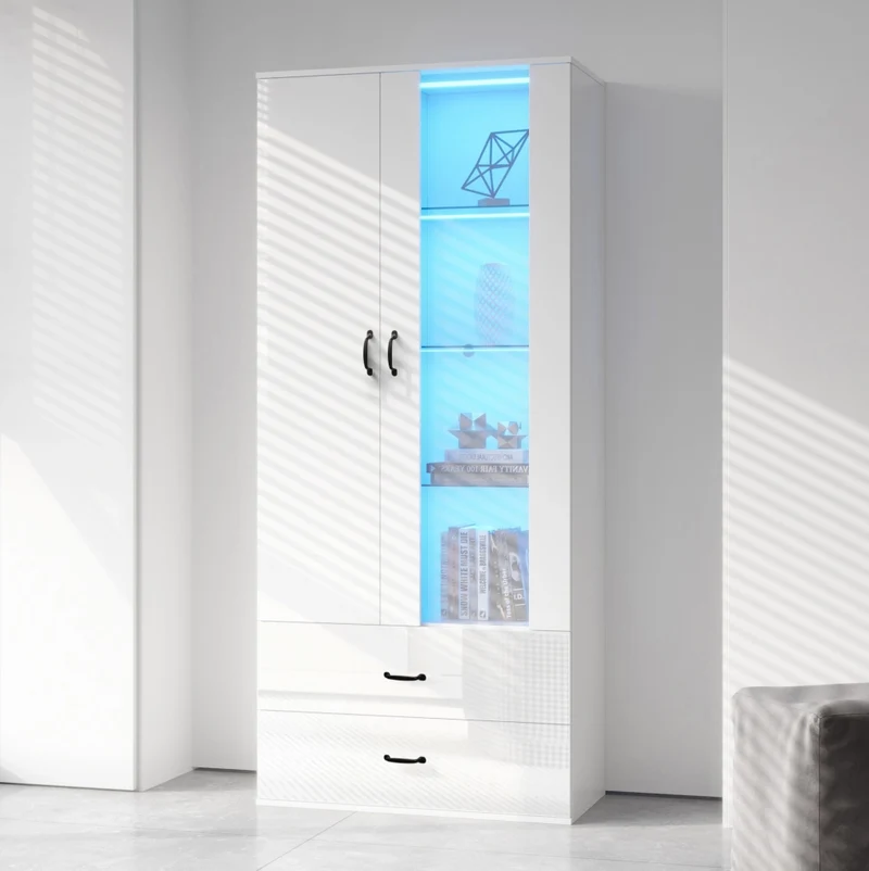 Vetrina alta bianca con LED RGB, 2 ante e 2 cassetti, 59,5 x 35 x 182 cm