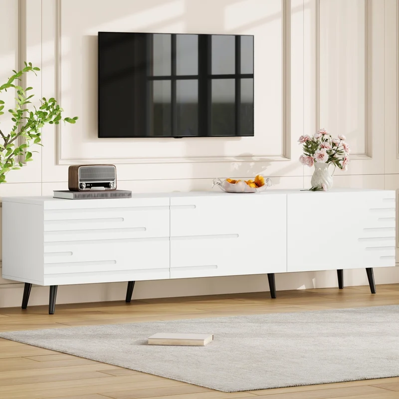 Mobile TV bianco in MDF 180x40x48 cm con 3 ante a ribalta