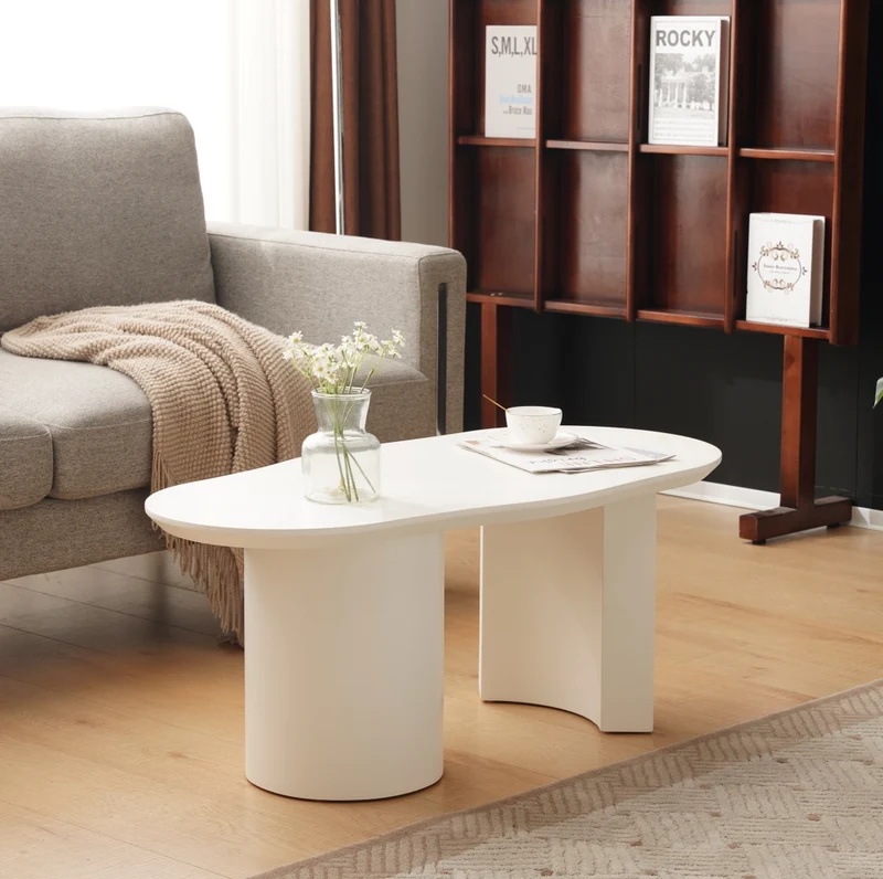 Tavolino da caffè bianco sagomato in MDF 100 cm con piano laccato