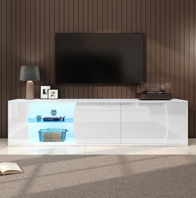 Mobile TV bianco lucido 180 cm con LED, 3 ante e ripiani in vetro