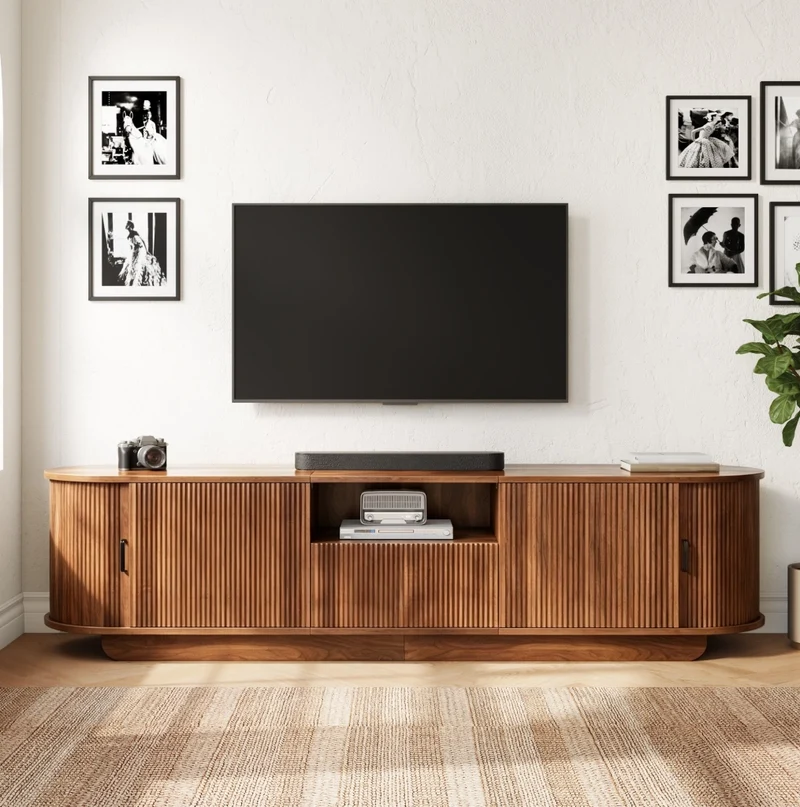 Mobile TV 180 cm noce con ante scorrevoli, cassetto e frontale ondulato 3D