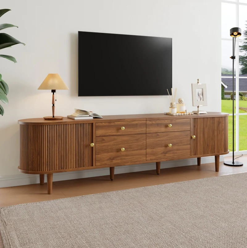 Mobile TV 180 cm noce con ante scorrevoli ondulate, 4 cassetti e piedini in legno