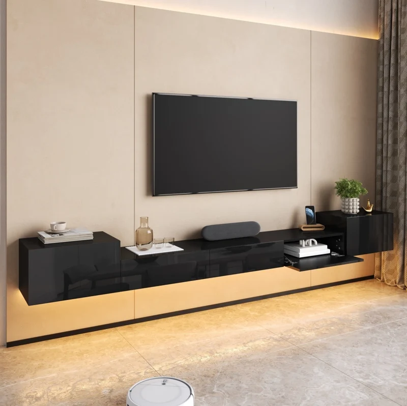 Mobile TV sospeso nero con LED RGB, 5 ante lucide e passacavi, 245 cm