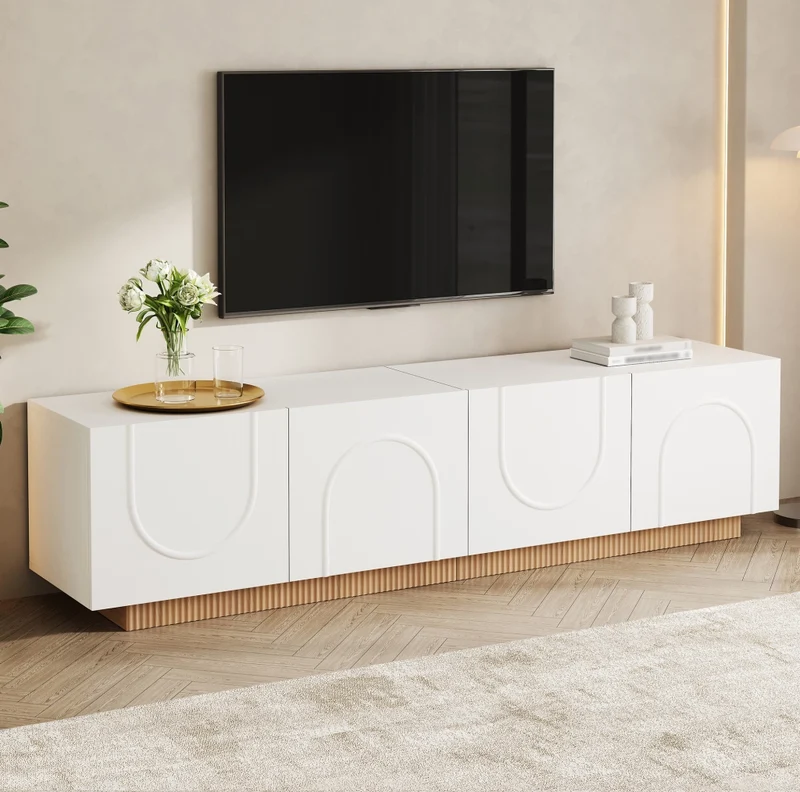 Mobile TV basso bianco 170 cm con 4 ante, passacavi e chiusura ammortizzata