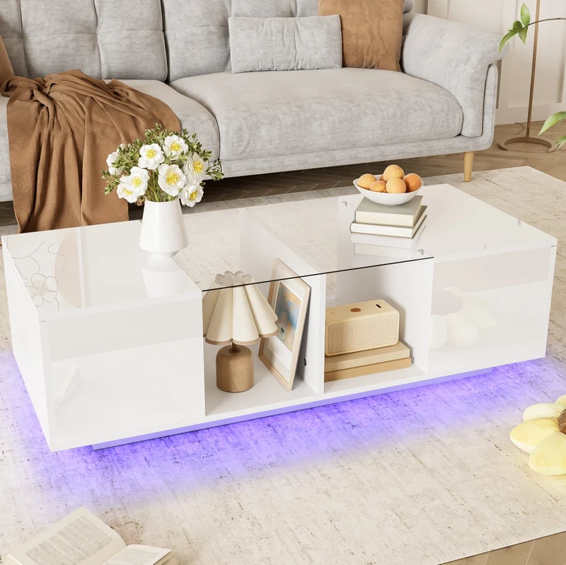 Tavolino da caffè bianco LED con vetro 120x50x38,5 cm