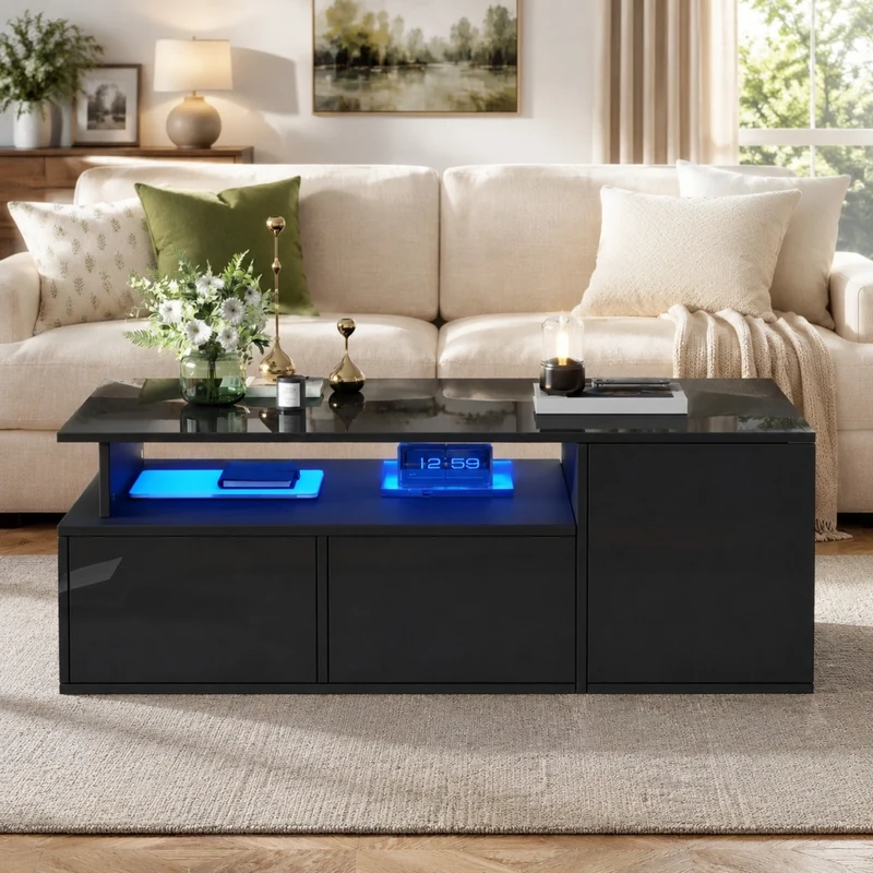 Tavolino da caffè LED nero con 2 cassetti, 100x50x35 cm